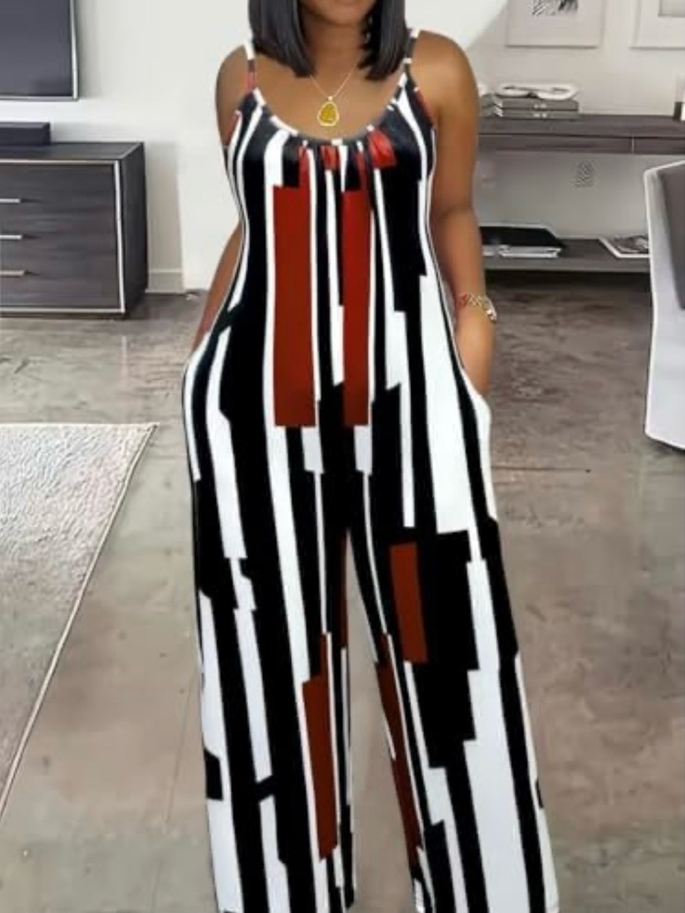 Women's Sleeveless Wide-Leg Jumpsuit in Black, White & Brown